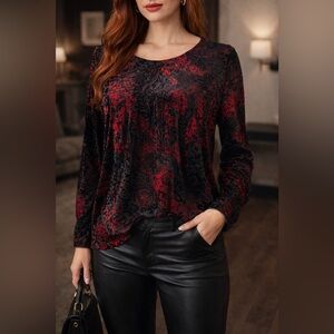 Vintage Tanjay Burnout Velvet Blouse Medium Petite Black Red Sheer 90s